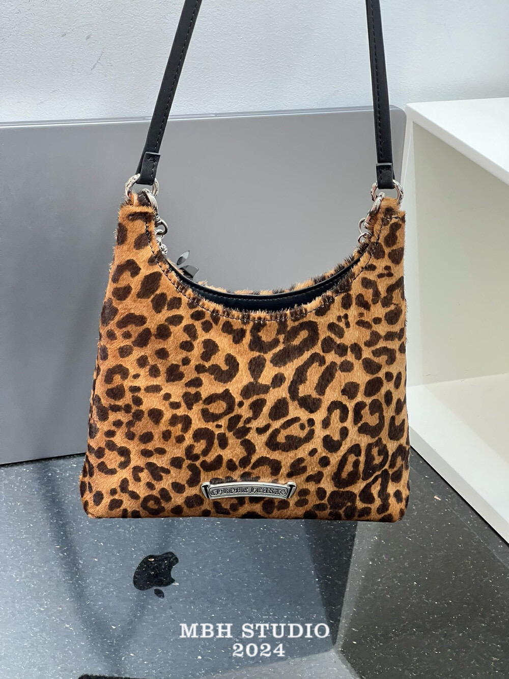 MBH Genuine Leather Leopard Print Horsehair Chain Shoulder Bag - Image 3