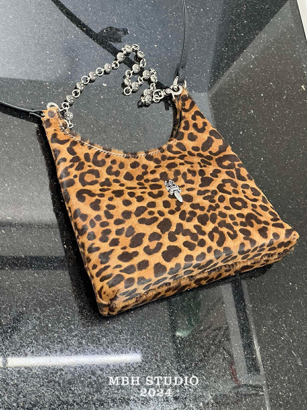 MBH Genuine Leather Leopard Print Horsehair Chain Shoulder Bag - Image 4
