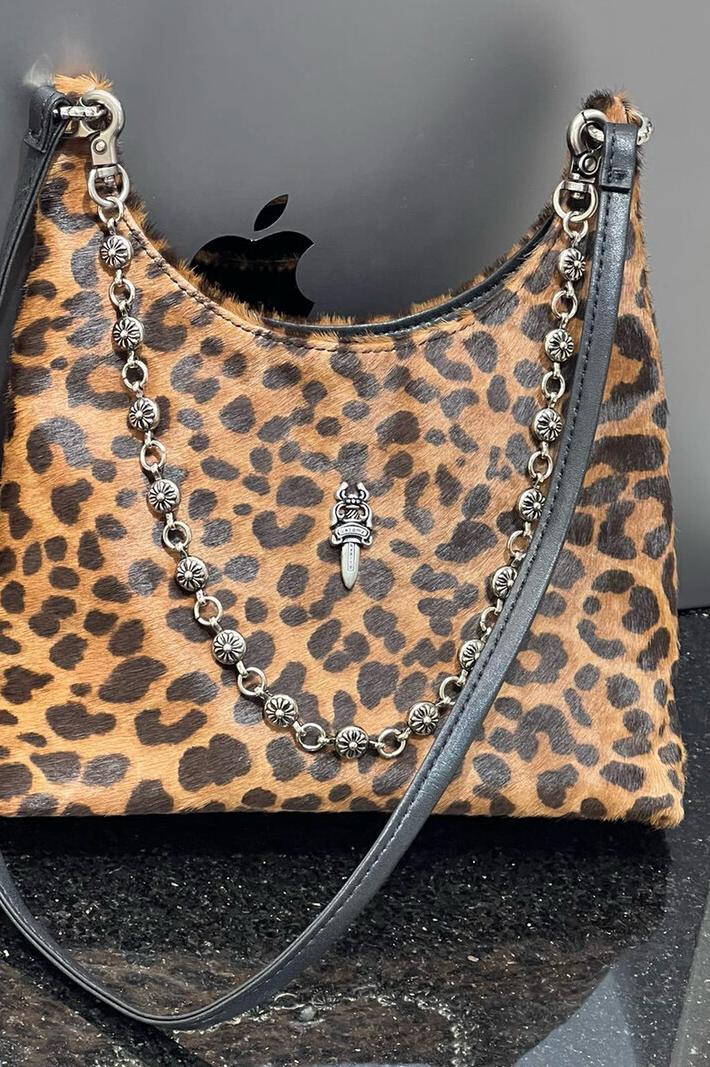 MBH Genuine Leather Leopard Print Horsehair Chain Shoulder Bag - Image 5