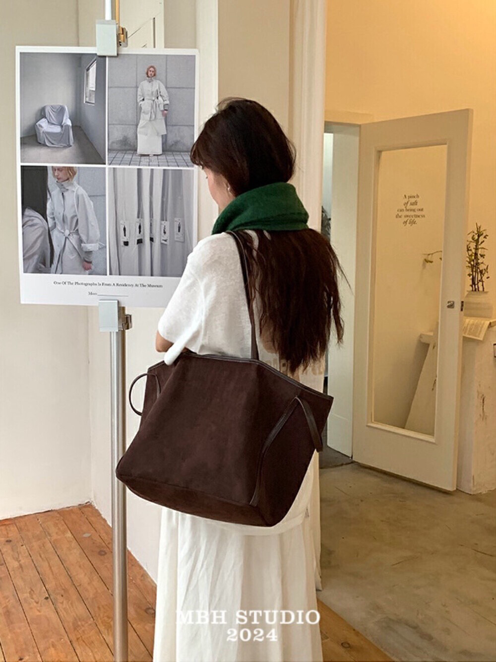 MBH Soft Suede Top Layer Cowhide Large Capacity Slouchy Shoulder Tote Bag with Pouch - Image 2