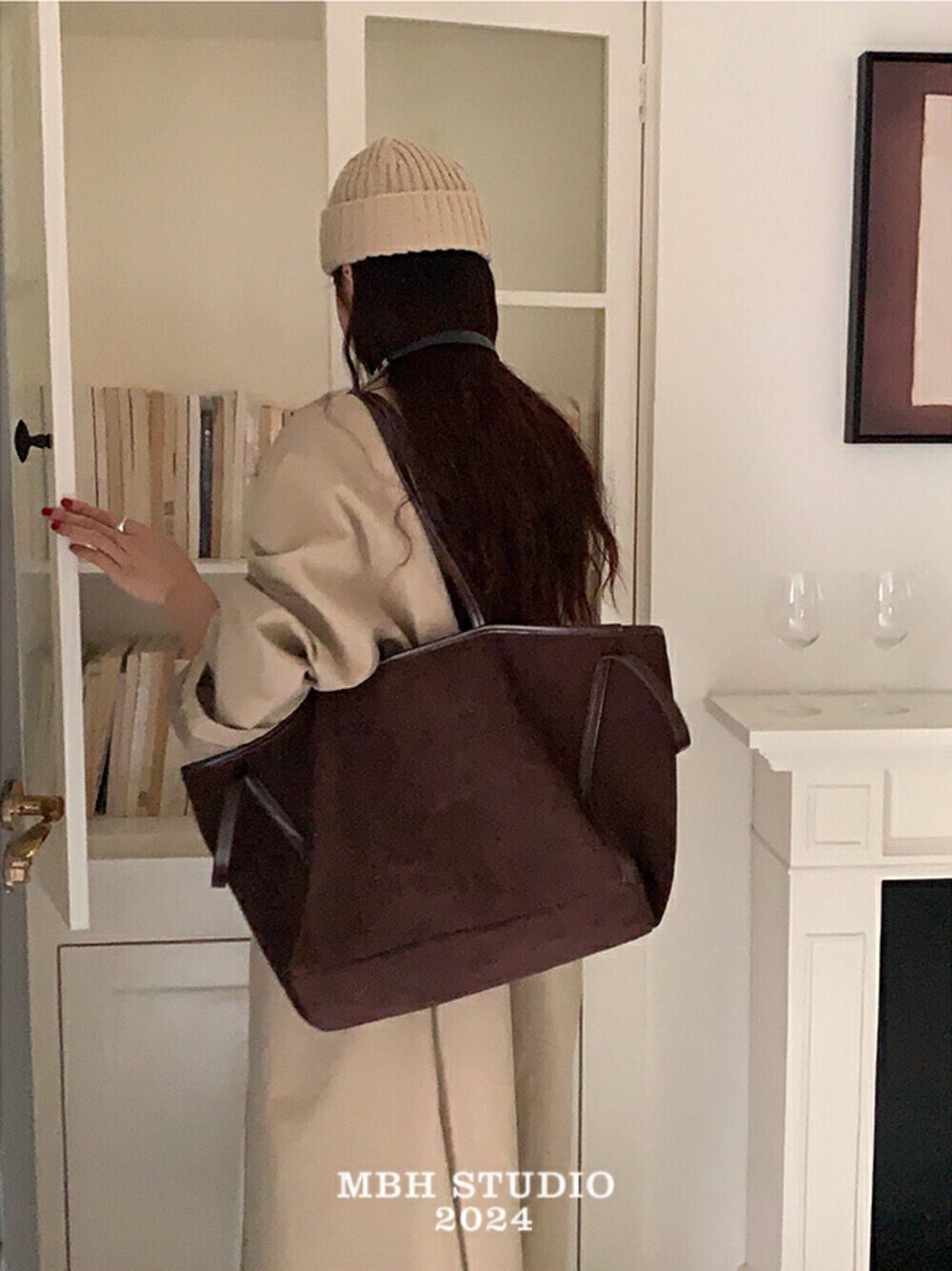 MBH Soft Suede Top Layer Cowhide Large Capacity Slouchy Shoulder Tote Bag with Pouch - Image 3