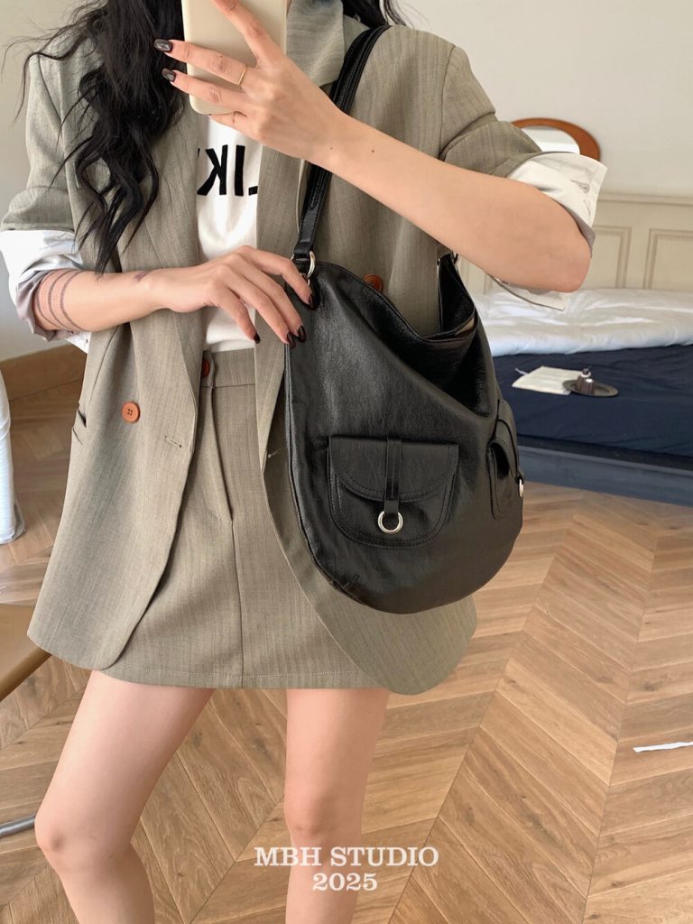 MBH Lazy Style Half Moon Pocket Tote Bag Top Layer Cowhide Large Capacity Shoulder Crossbody Bag
