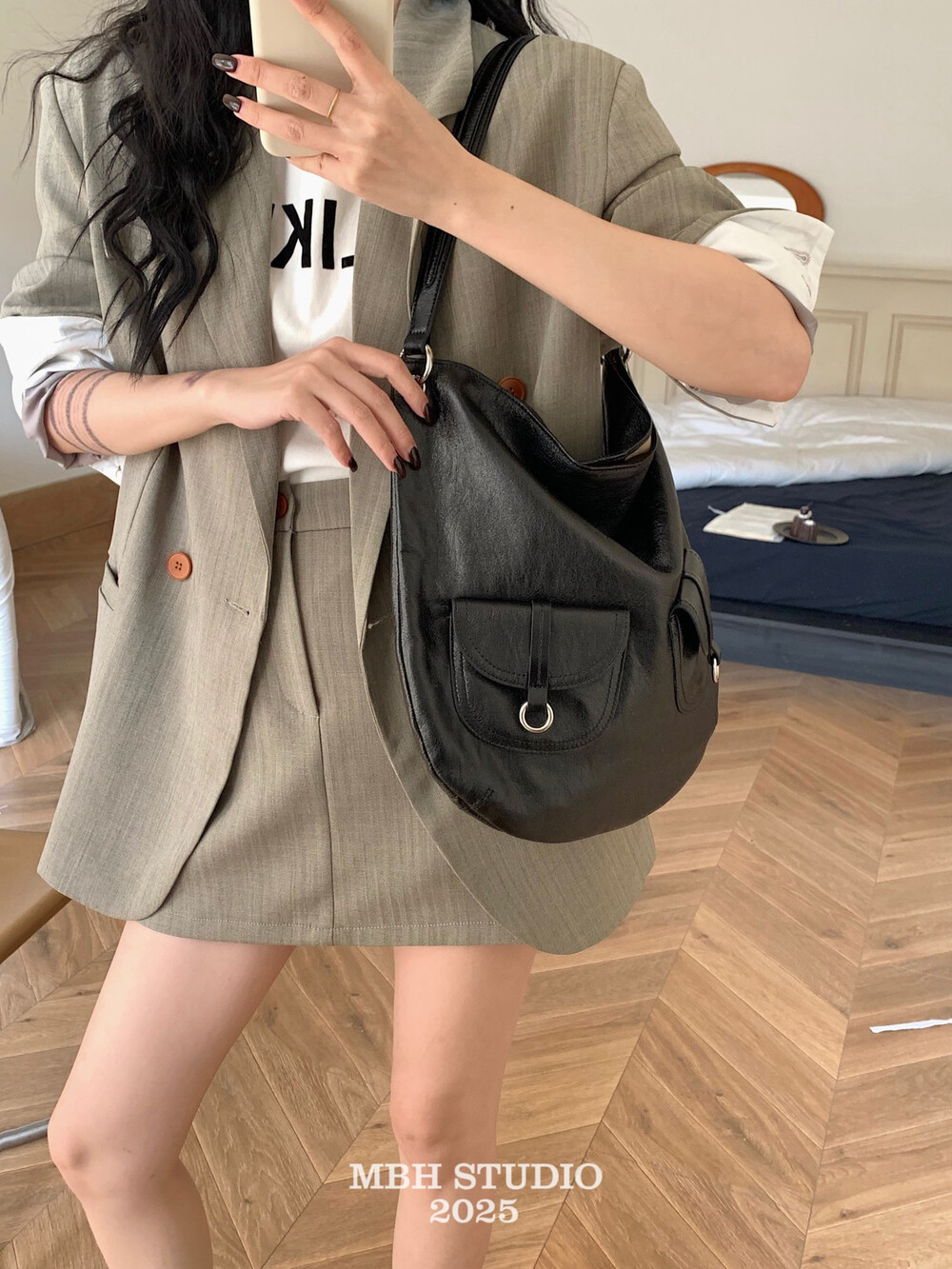 MBH Lazy Style Half Moon Pocket Tote Bag Top Layer Cowhide Large Capacity Shoulder Crossbody Bag