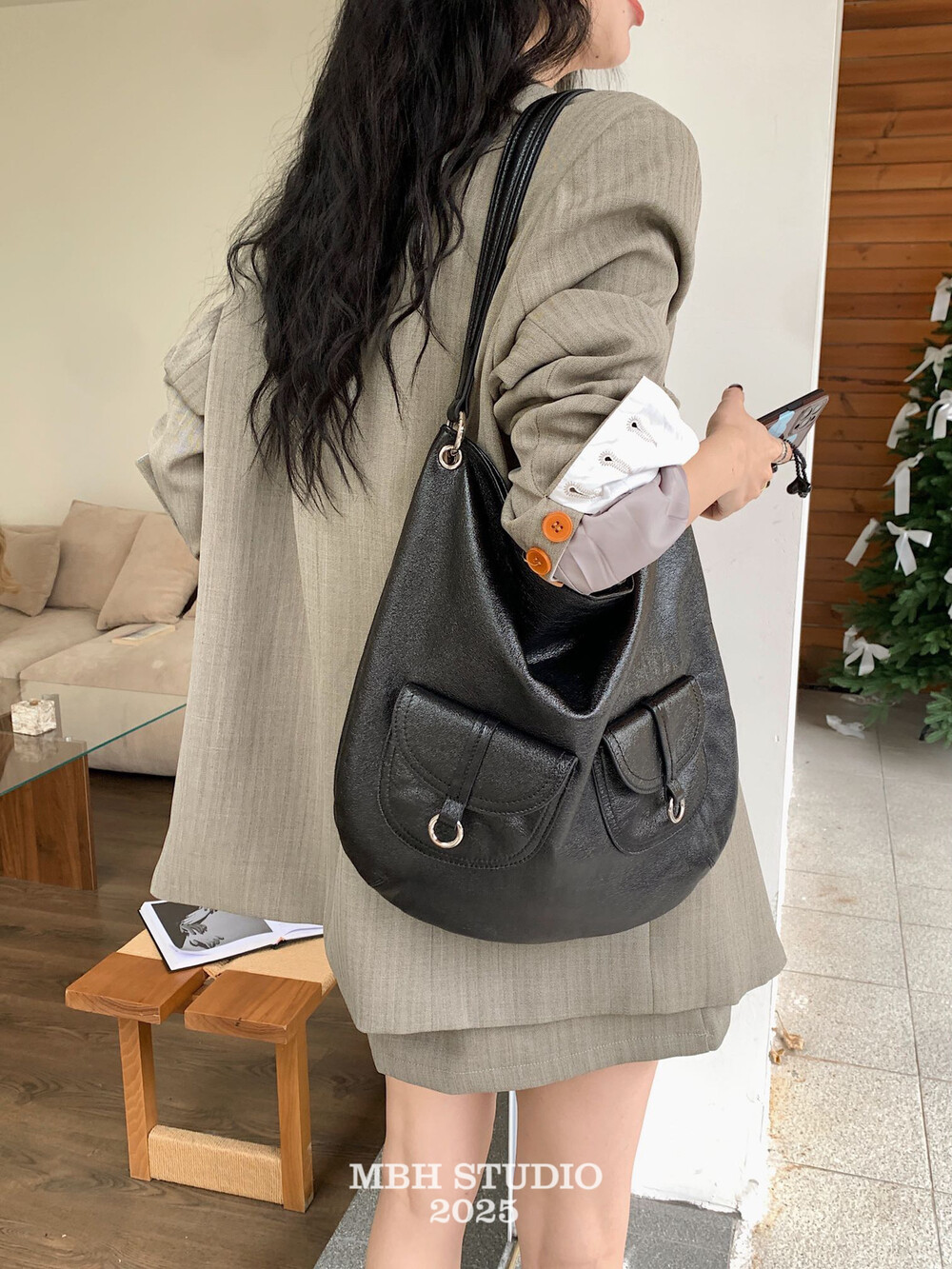 MBH Lazy Style Half Moon Pocket Tote Bag Top Layer Cowhide Large Capacity Shoulder Crossbody Bag - Image 3