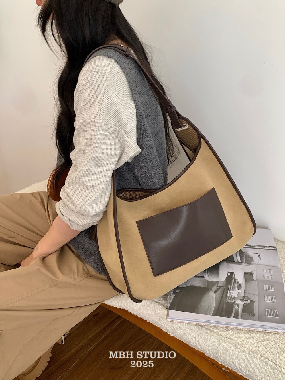 MBH Niche Design Matte Leather Colorblock Tote Bag Large Capacity Daily Commute Shoulder Bag - Image 4