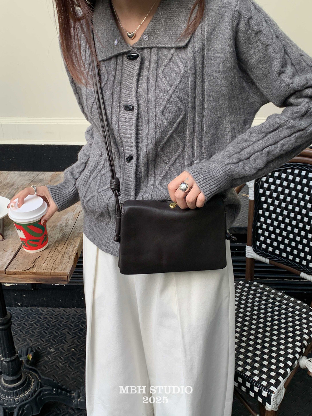 MBH Sheepskin Multi-Compartment Envelope Bag Minimalist Drawstring Shoulder Crossbody Bag - Image 3
