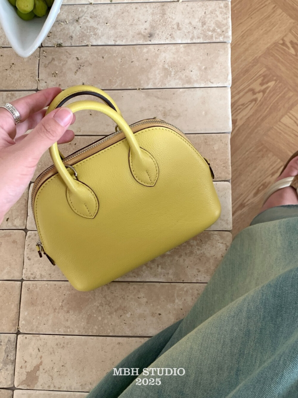 MBH Goatskin Leather Shell Bag Yellow Crossbody Handbag with Strap - Image 4