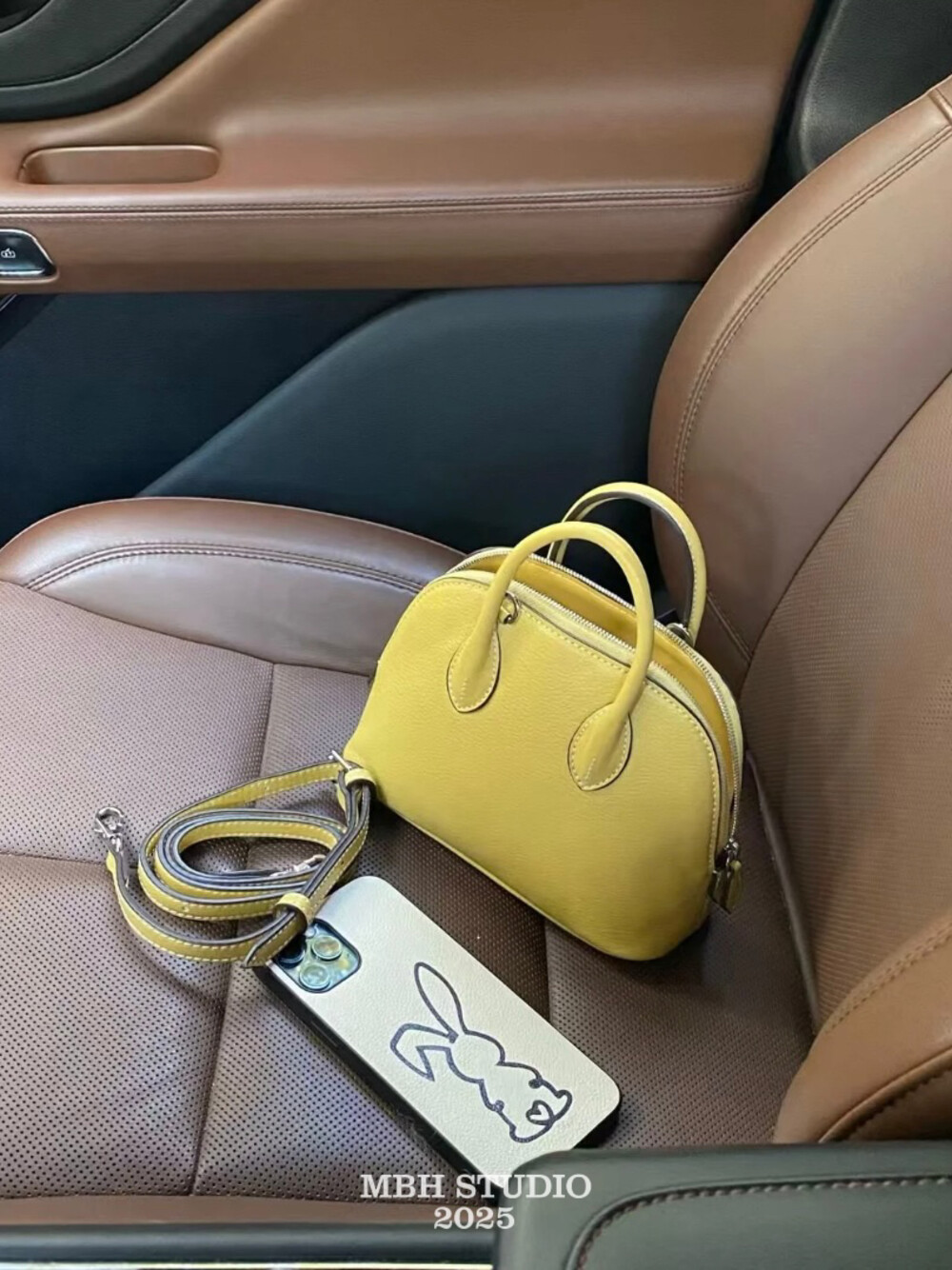 MBH Goatskin Leather Shell Bag Yellow Crossbody Handbag with Strap