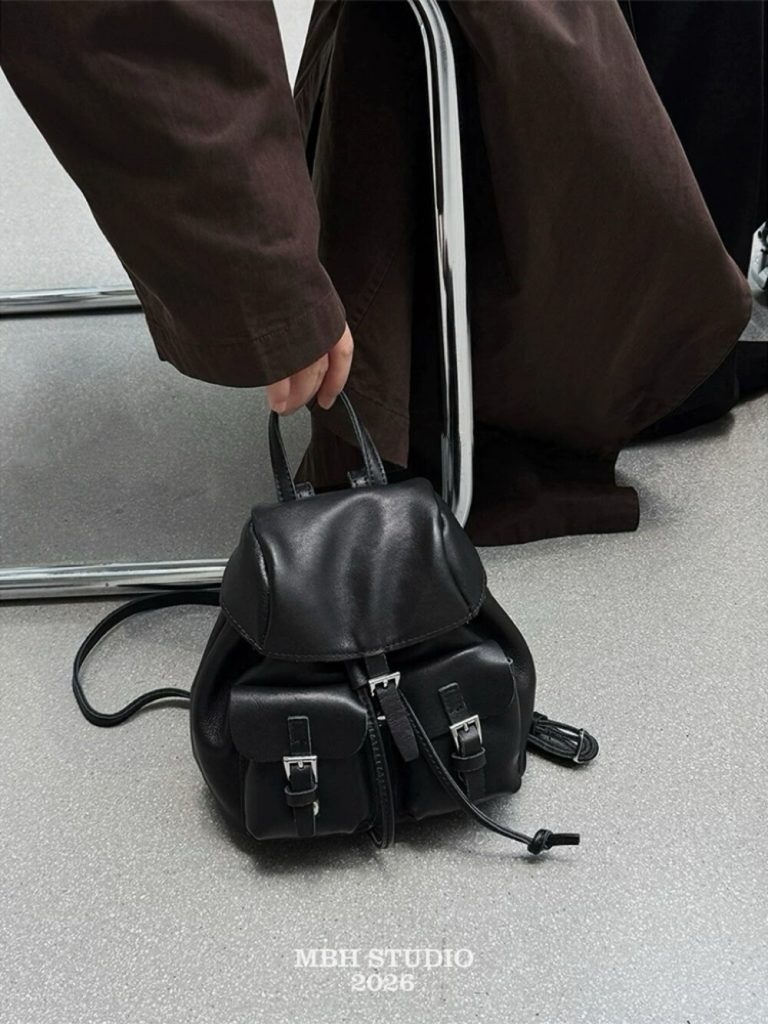 MBH Top Layer Cowhide Mini Double Pocket Flap Drawstring Backpack Versatile Parachute Shoulder Bag