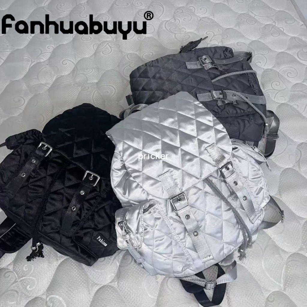 NO MORE Korean Style Quilted Backpack 2026 Spring Silver Black Grey