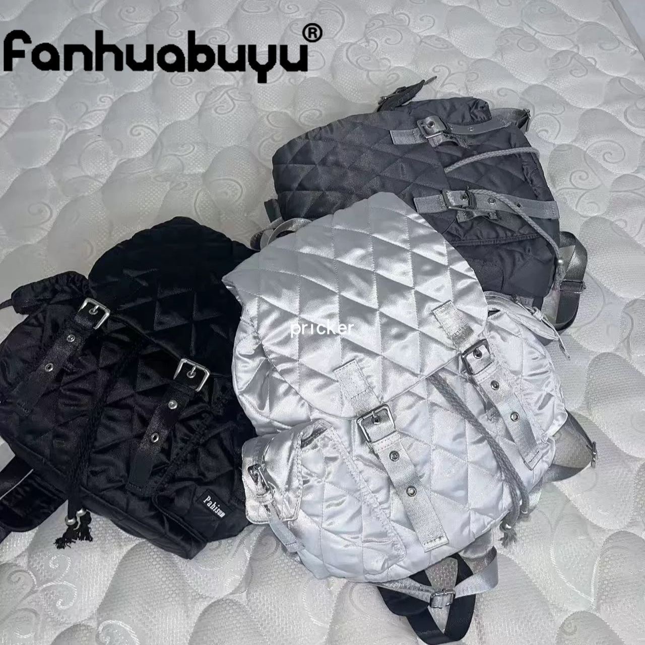 NO MORE Korean Style Quilted Backpack 2026 Spring Silver Black Grey